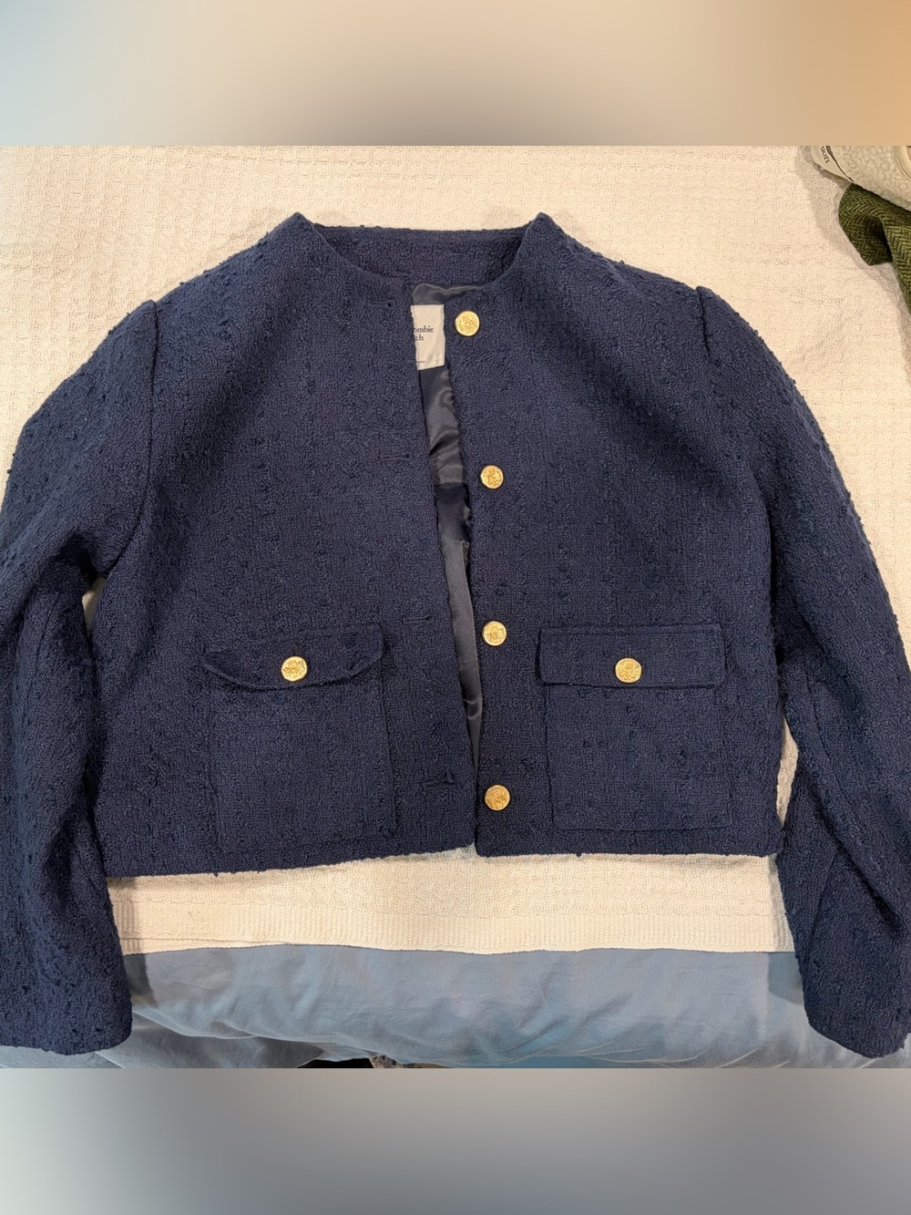 Abercrombie & Fitch Navy Bouclé Cropped Blazer with Gold Buttons